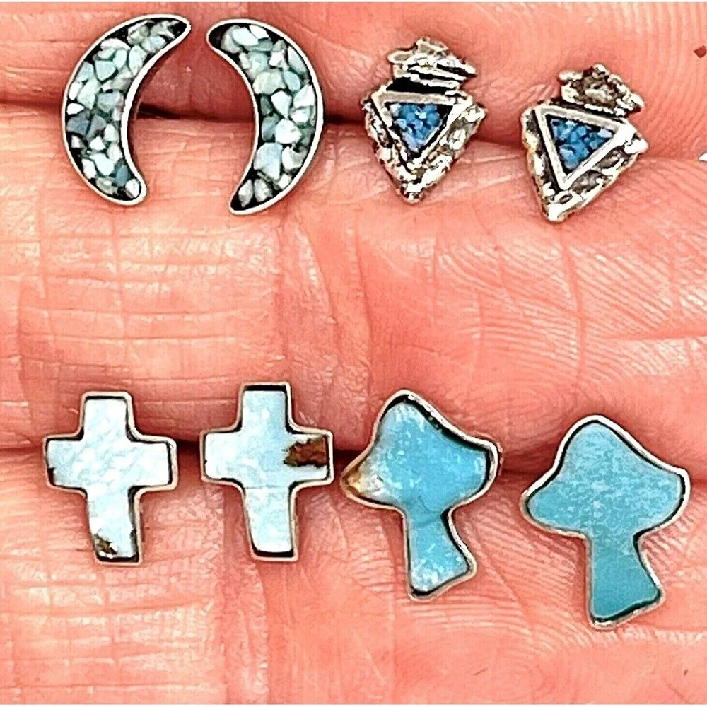 VTG Navajo Turquoise Stud Earring Lot‎ 4 Pair Arrowhead Moon Cross Sterling 925